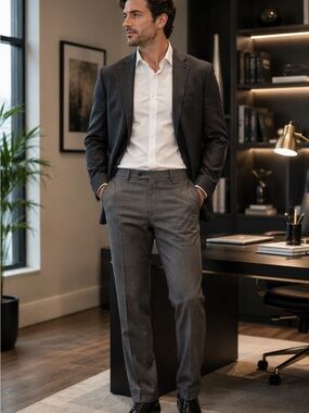 Men’s Gray 100% Wool Dress Pants 34x30 Classic Business Career Flat Front Slacks
